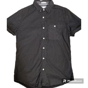 On The Road Men’s Short Sleeve Button Down Shirt Black Polka Dot Size Small